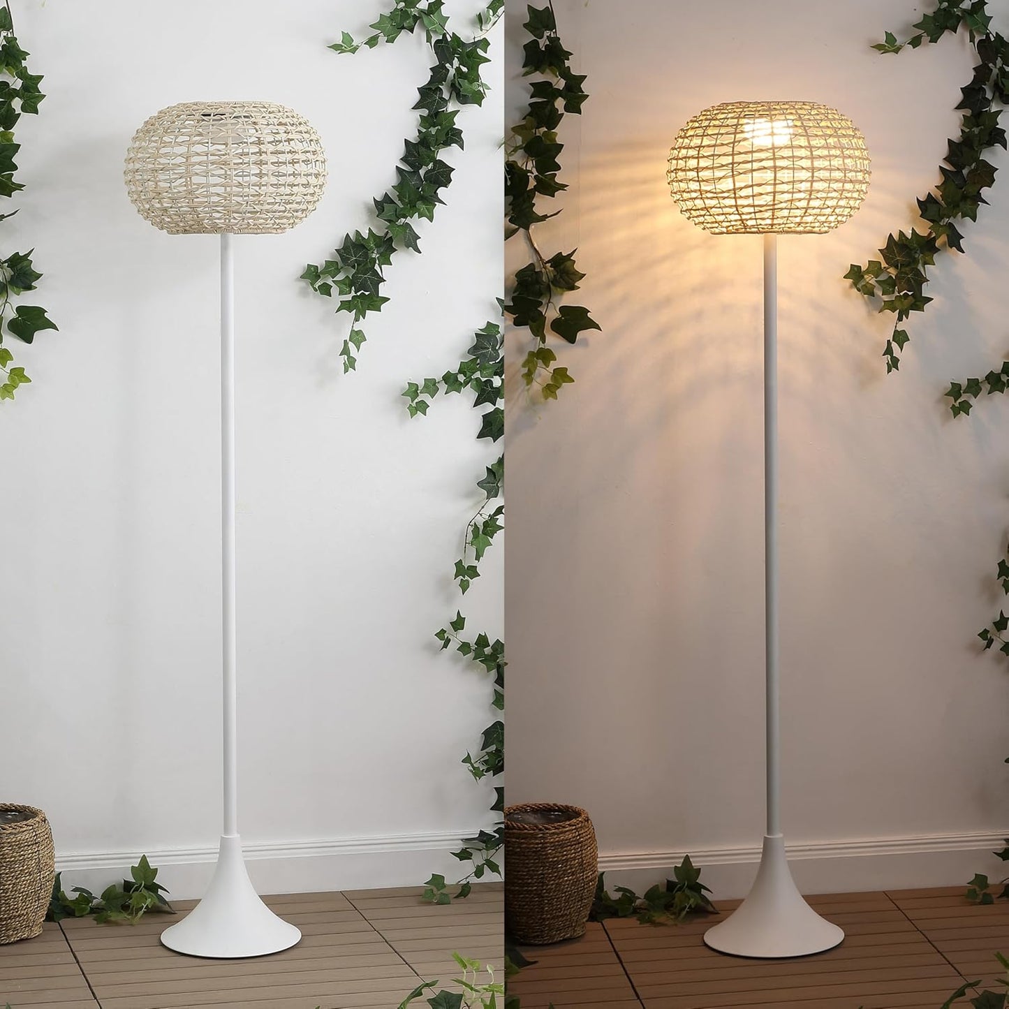 JONATHAN Y 58" White/Cream Modern Outdoor Solar Floor Lamp, Waterproof LED Standing Light for Patio, Deck, Porch, Faux Rattan Shade, USB-C Rechargeable, Coastal Decor (JYL2601B)