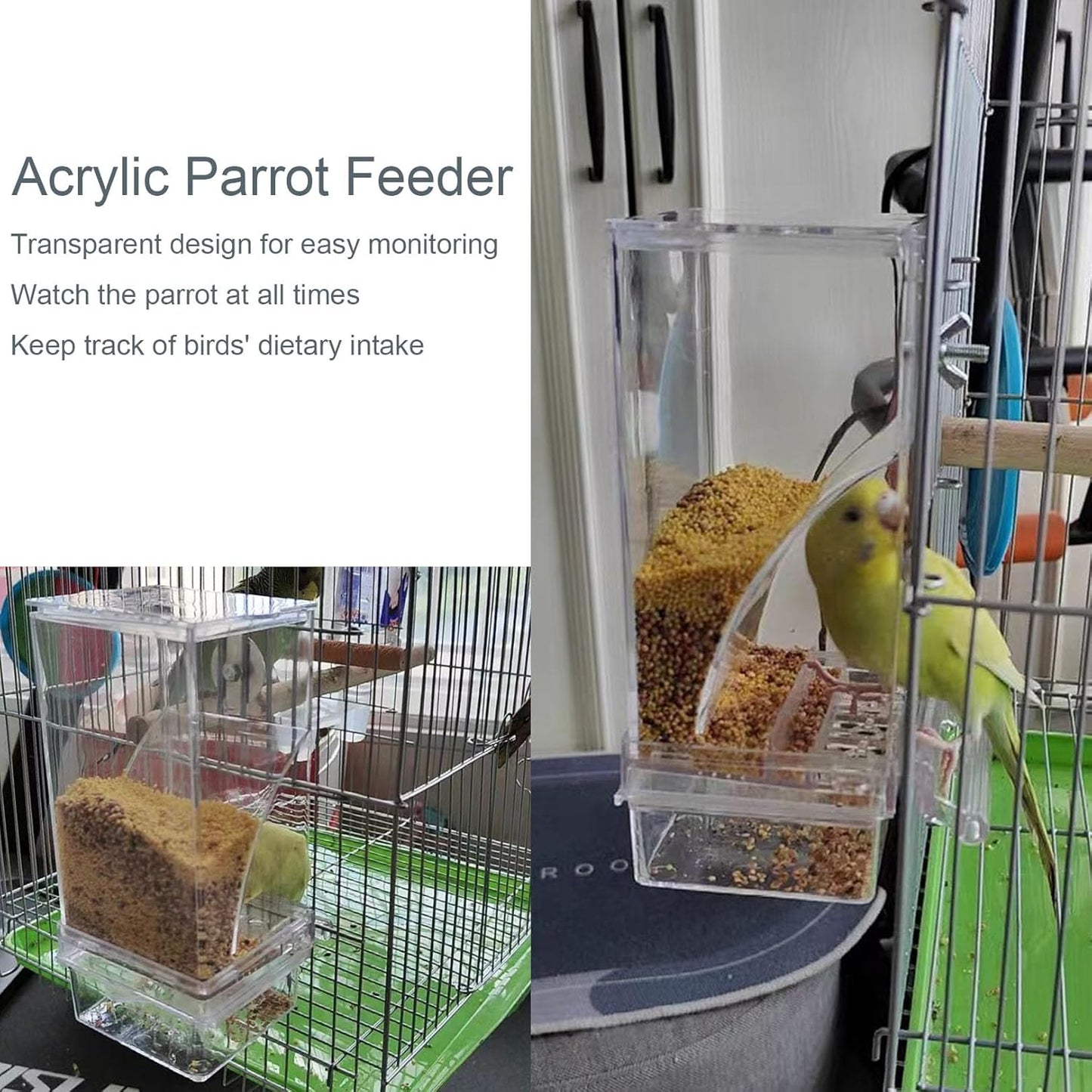 Automatic No Mess Bird Cage Feeder， 2Pack Acrylic Transparent Parrot Seed Feeders with Perch Parakeet Food Container Cage Accessories for Small and Medium Lovebirds Canary Cockatoo Cockatiel Finch