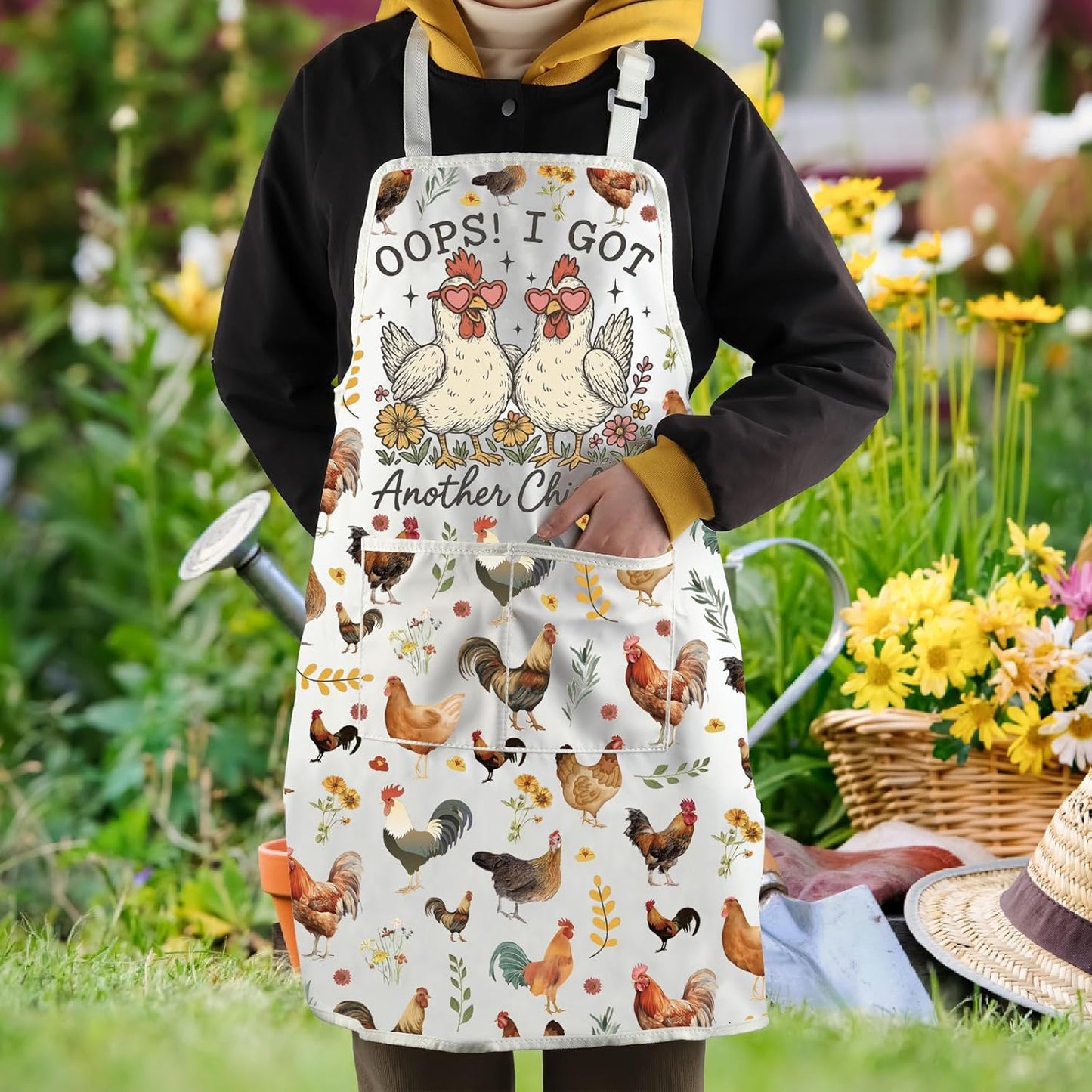WCGXKO Oops I Got Another Chicken Kitchen Apron Animal Rustic Farmhouse Gift Country Floral Hen Merch