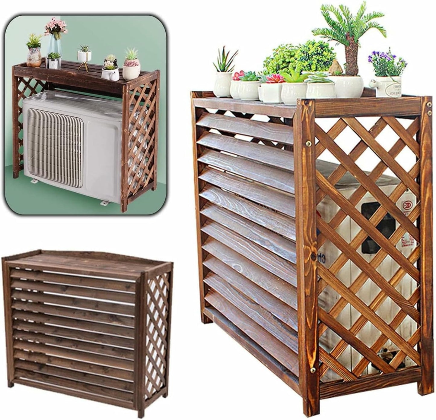 Wooden Air Conditioner Fence Screen,Wooden Air Conditioning Cover,Outdoor Plant Display Rack,Flower Stand Louvered,Top Deepened Planter for Outside Units/Hide Air Con (Size : 120x58x100cm)