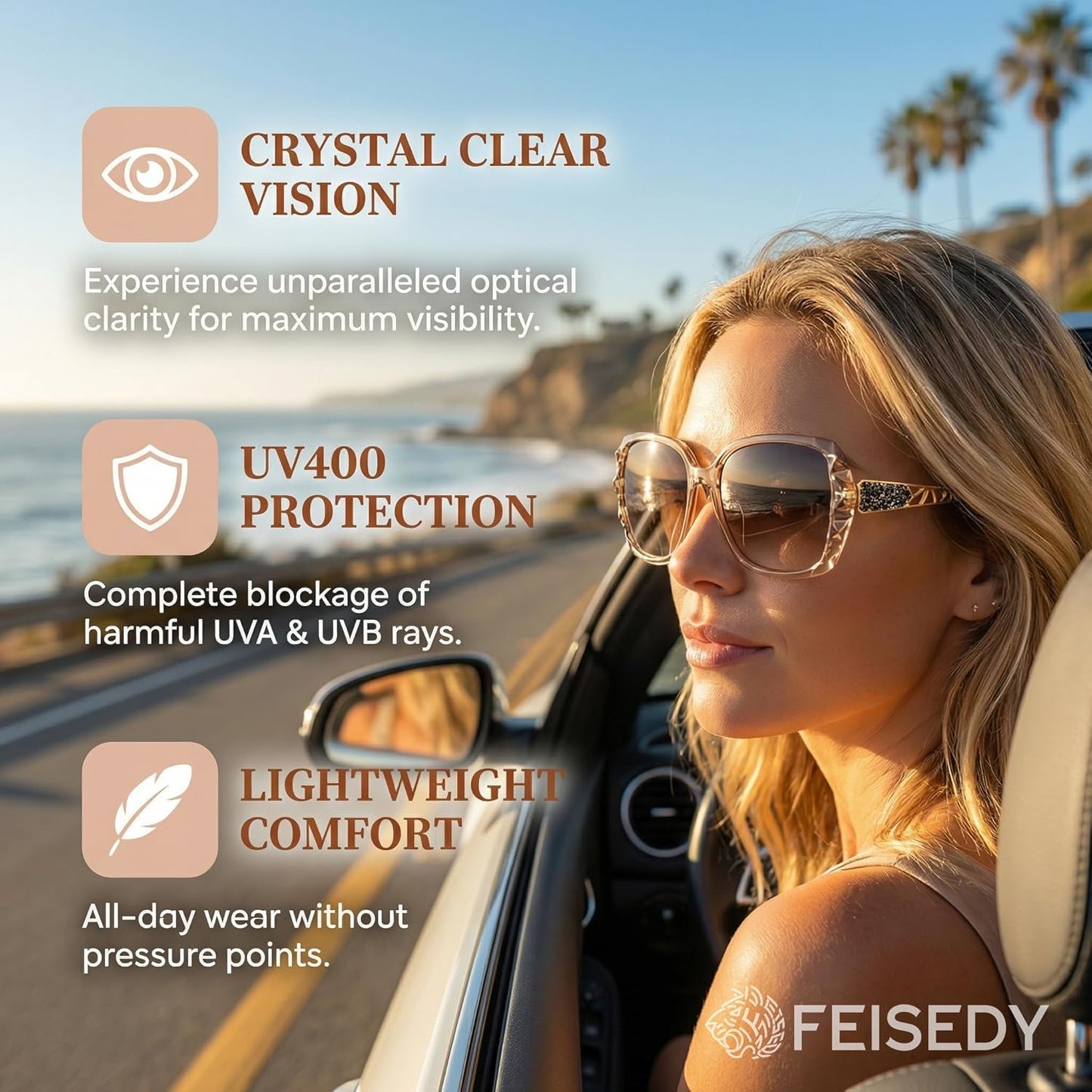 FEISEDY Polarized Women Square Sunglasses Sparkling Composite Shiny Fr