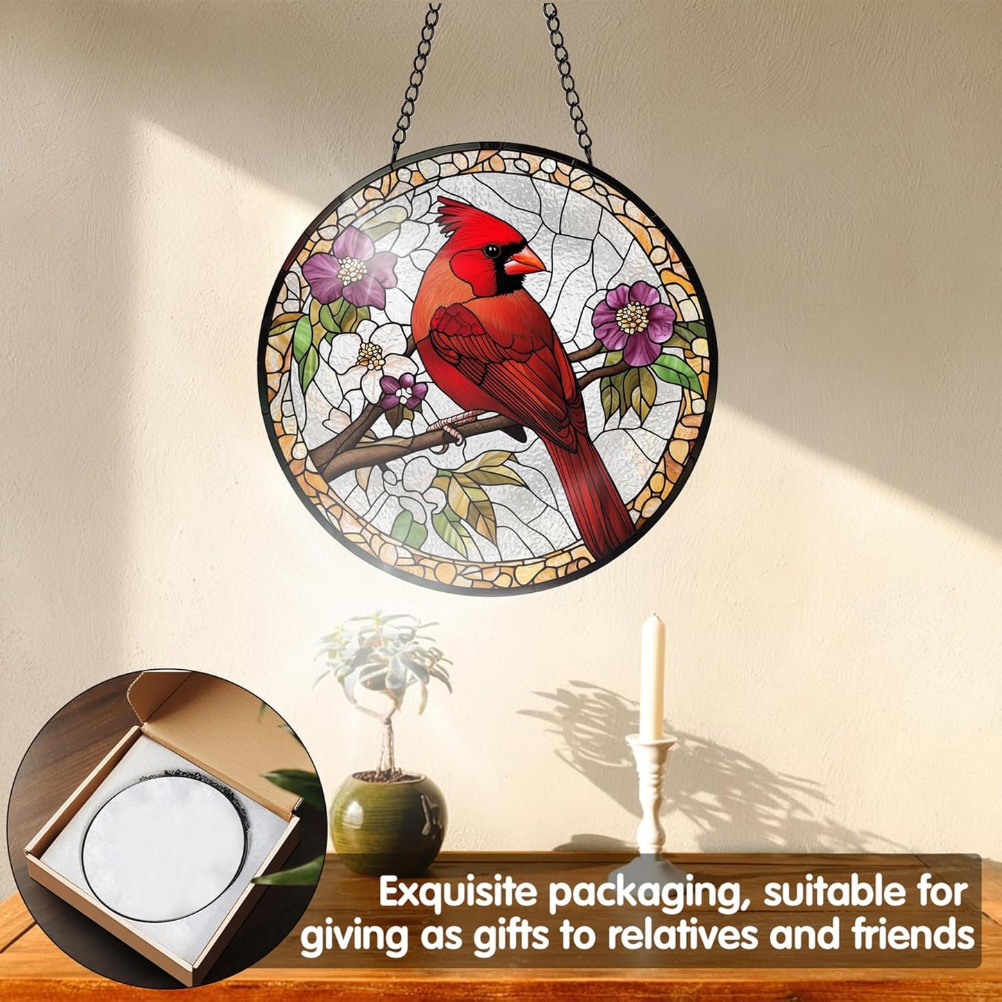 VAIIEYO Cardinal Bird Sun Catcher Stained Glass Window Hanging Ornament, Handmade Sun Catcher Animal Bird Decoration with Hooks for Window Garden Home,Christmas & Birthday Housewarming Gift (7.8 inch)