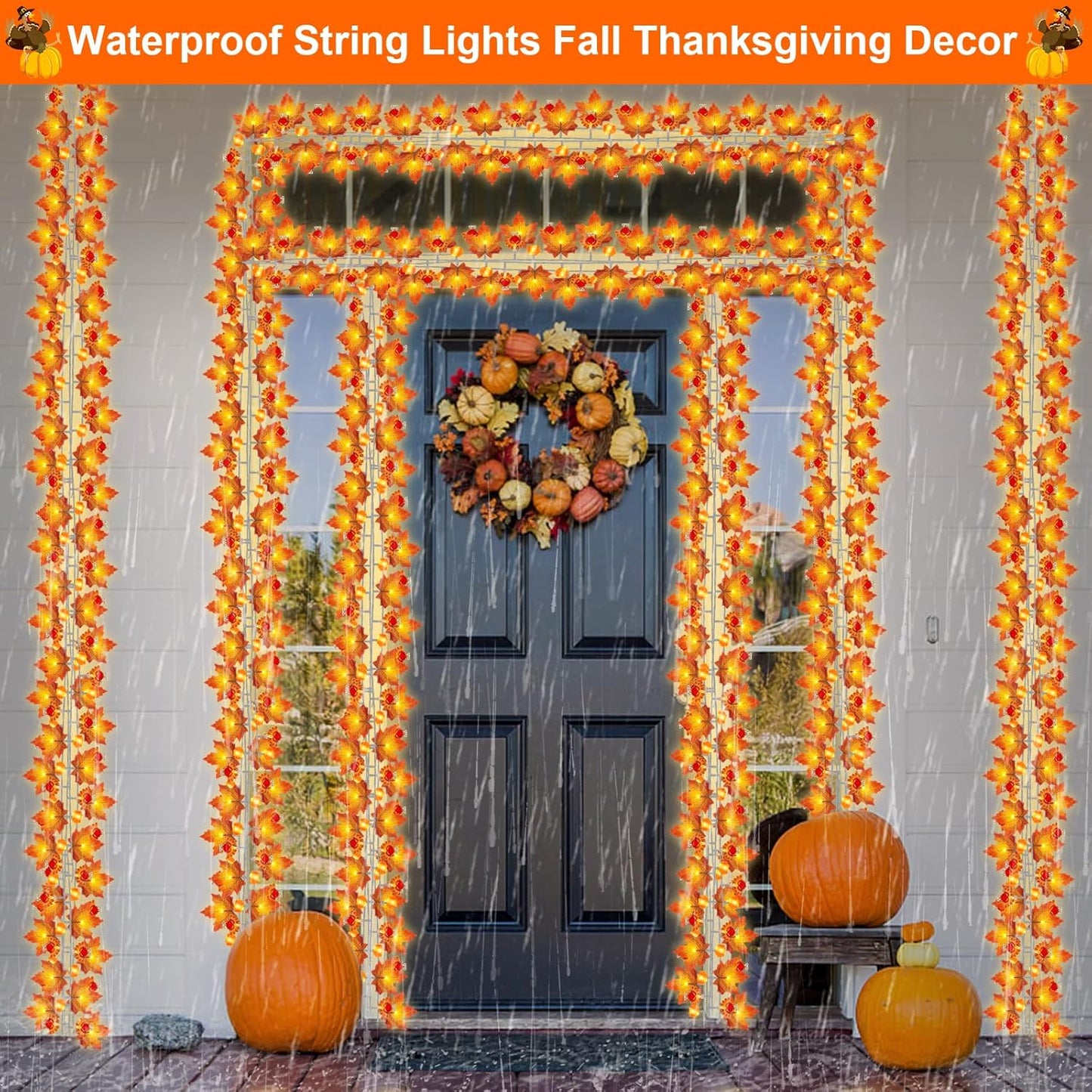 Mosoan Solar Thanksgiving Decorations Fall Garland with Enlarge Turkey Lights, Thanksgiving Lights Pumpkin Decor, 20Ft 40LED Waterproof Turkey String Lights Decoration Home Indoor Outdoor Garden