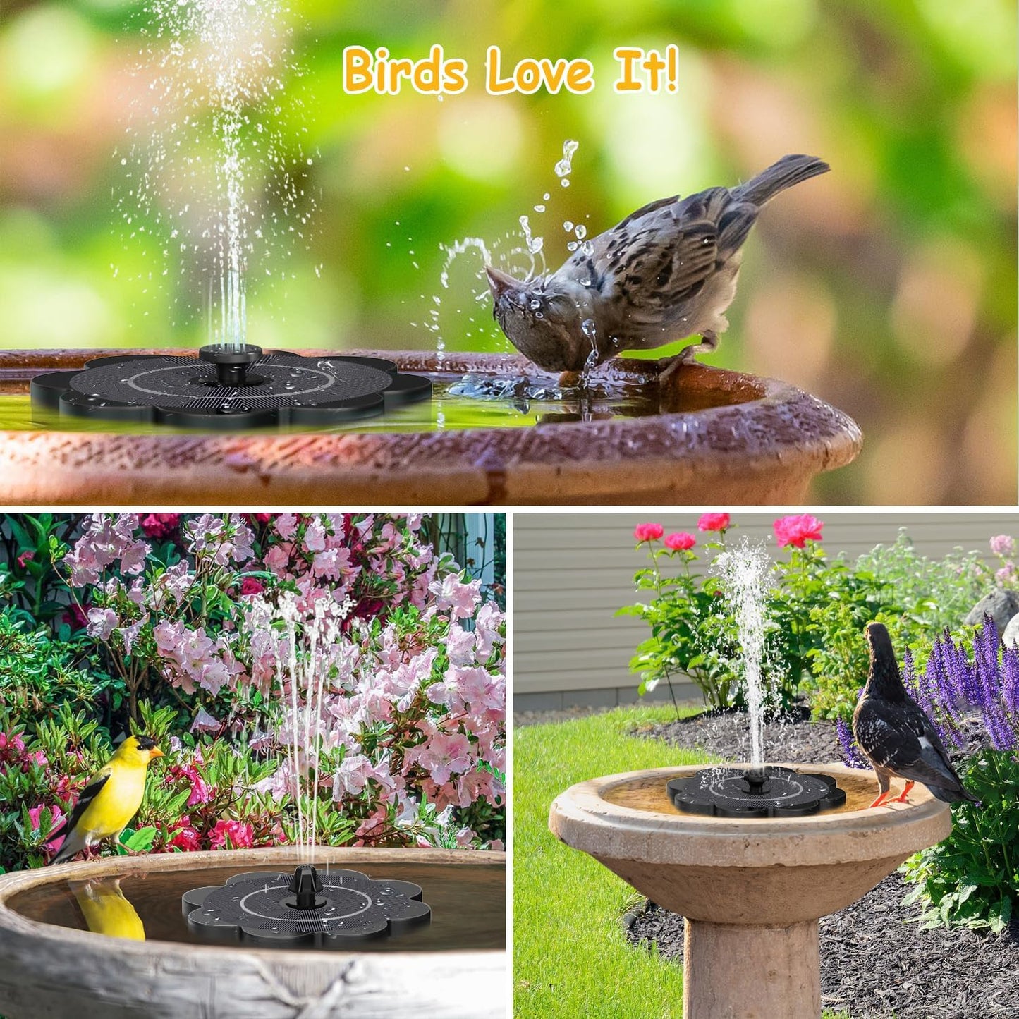 3.5W Solar Fountain with 2000mAh Battery - Work On Cloudy Day- Upgrade Lucky Flower Glass Panel Solar Bird Bath Fountains, Hummingbird Water Fountain Pumps for Birdbath, Pool, and Pond