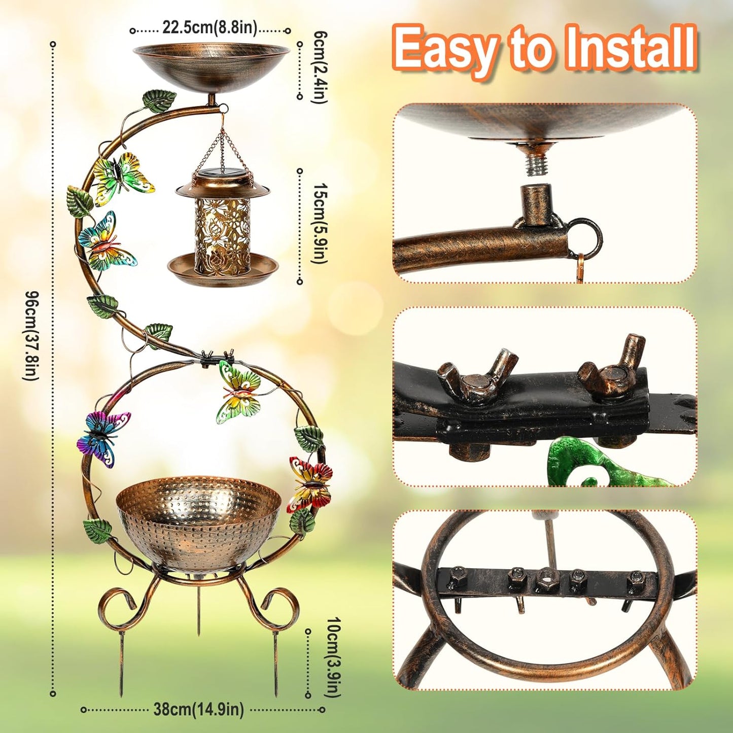 3 In 1 Bird Bath for Outside and Solar Bird Feeders Combo with Flower Planter Pedestal, 38" Metal Bird Baths Heavy Duty for Outdoors, Vintage Birdbaths for Garden Yard Lawn Decor -Waterproof