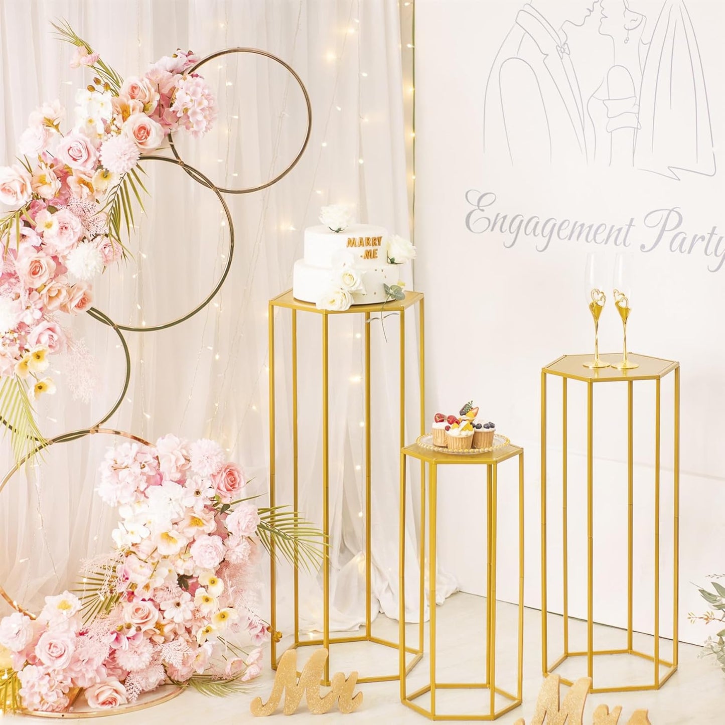 Set of 3 Metal Cylinder Stands for Party Centerpieces, Hexagon Nesting Pedestal Stands, Gold Cake Flower Plant Display Stands, Tall Columnar Vases for Birthday Party Event Home Wedding Decor (Gold)