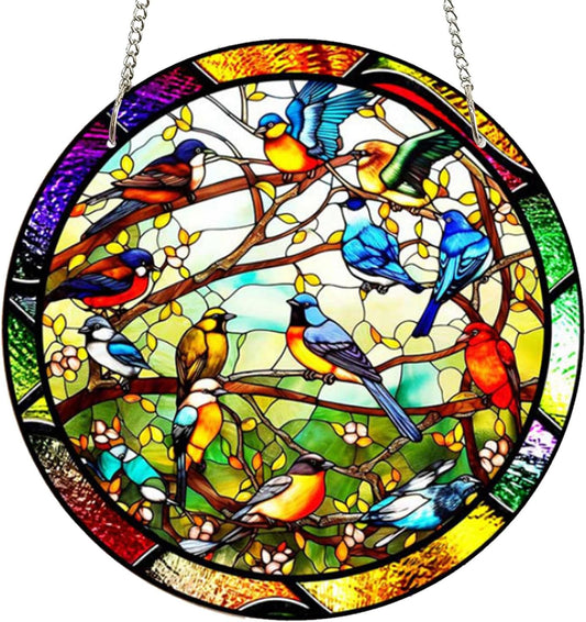 11.8'' Birds Acrylic Window Hangings, Stained Panel Colorful Indoor Outdoor Home Garden Ornaments (Bird Concert)