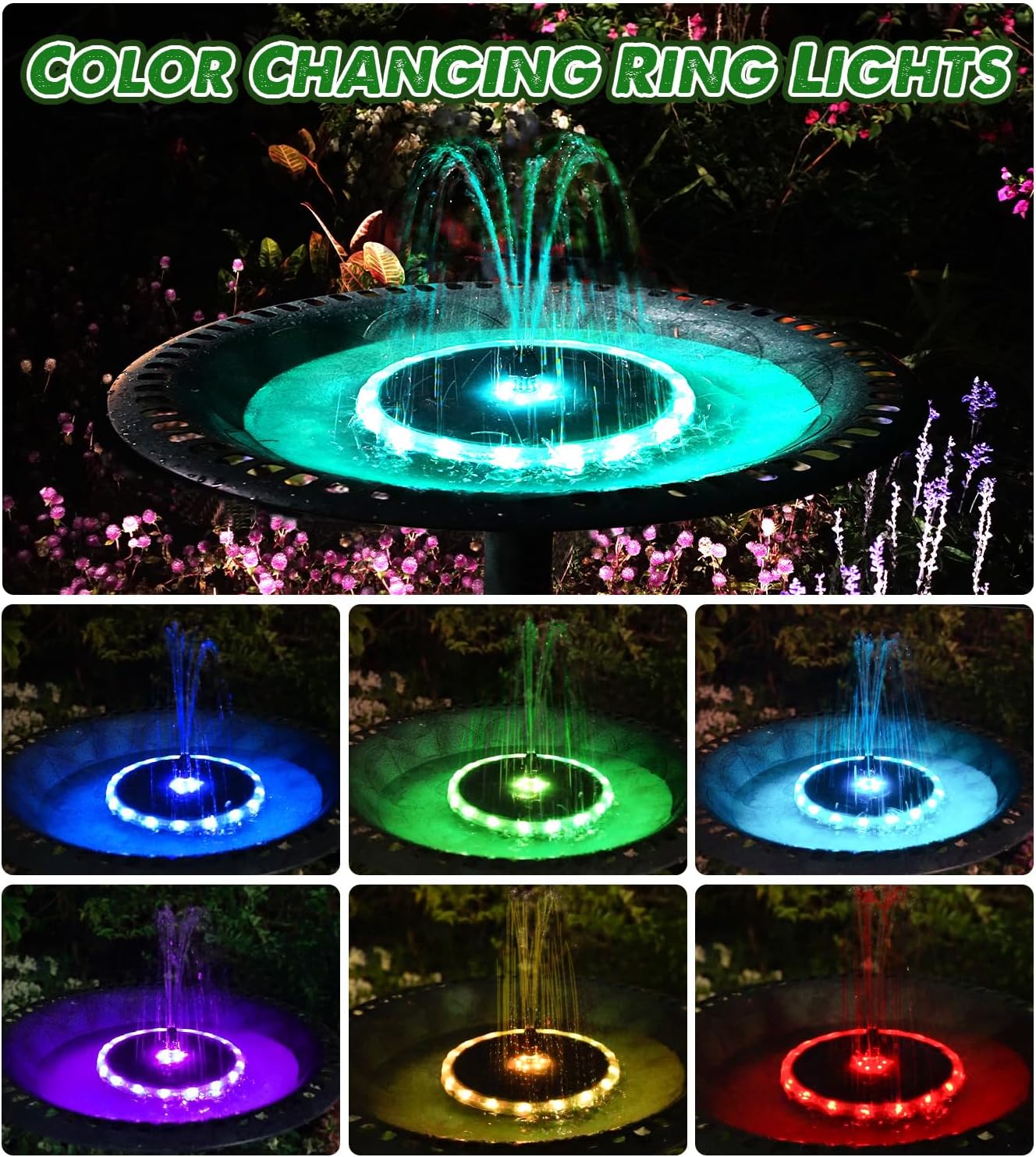 Yzert Solar Fountain Matte Panel with 4000 mAH Battery, 4W Bird Bath Fountains Solar Power with 8 Nozzles, Floating Solar Fountain Pump for Bird Bath, Garden, Pond, Outdoor (Color Change)