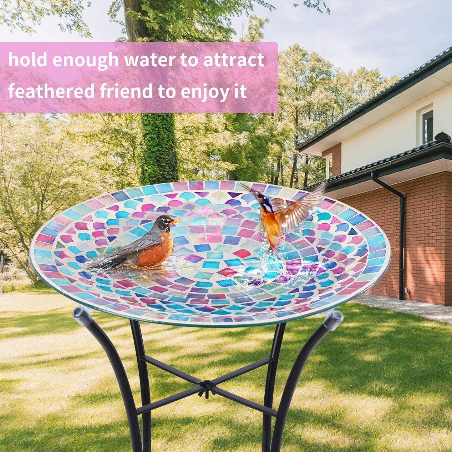 MUMTOP Mosaic Glass Bird Baths, 14 Inch Width Outdoor Garden Bird Bath