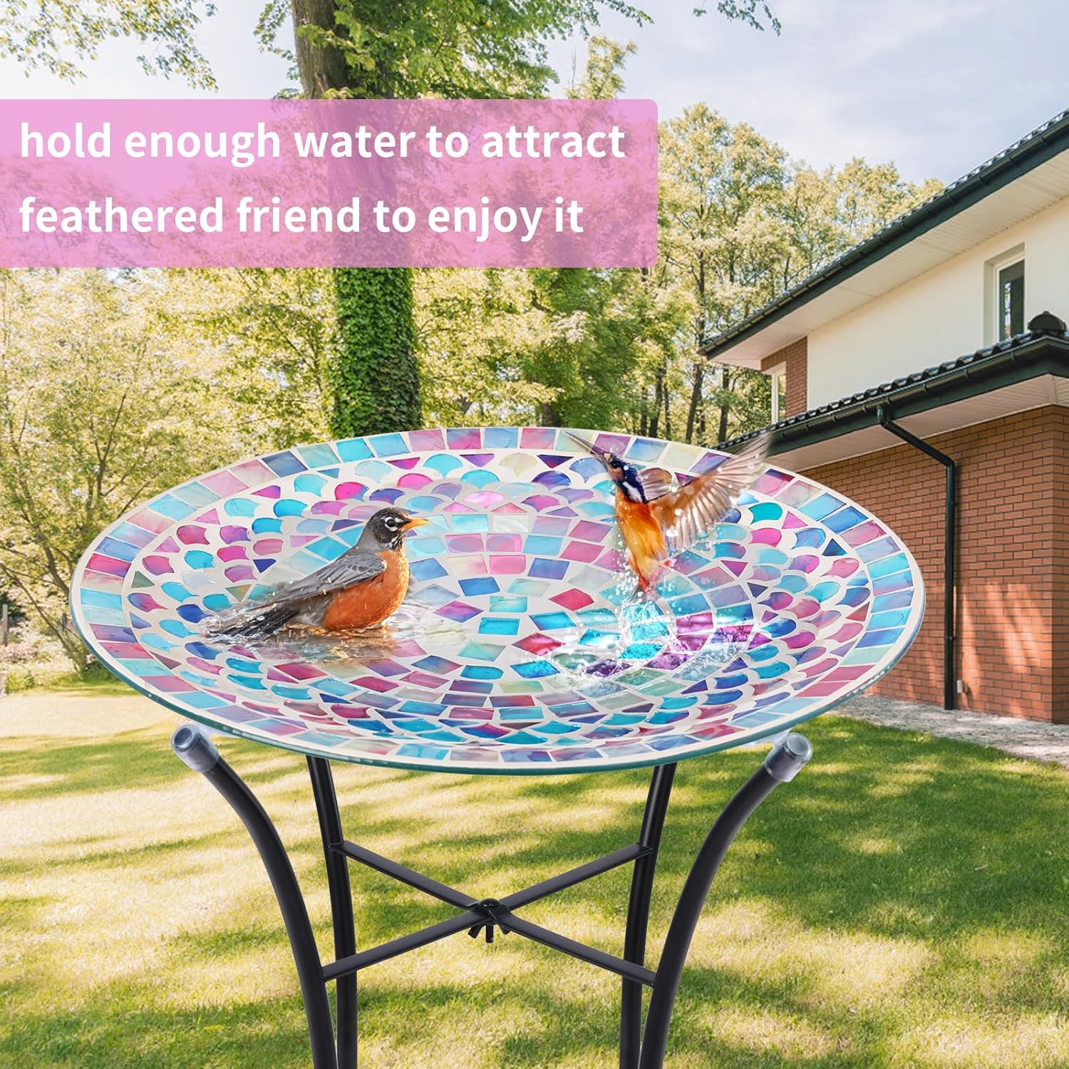 MUMTOP Mosaic Glass Bird Baths, 14 Inch Width Outdoor Garden Bird Bath
