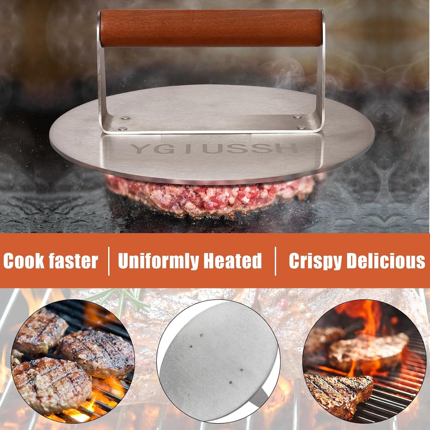 8.7 Inch Heavy-Duty Grill Press with Beech Wood Handle Stainless Steel Bacon Press Round Non-Stick Hamburger Press Weight Burger Smasher for Perfectly Seared Bacon Steak & Sandwiches