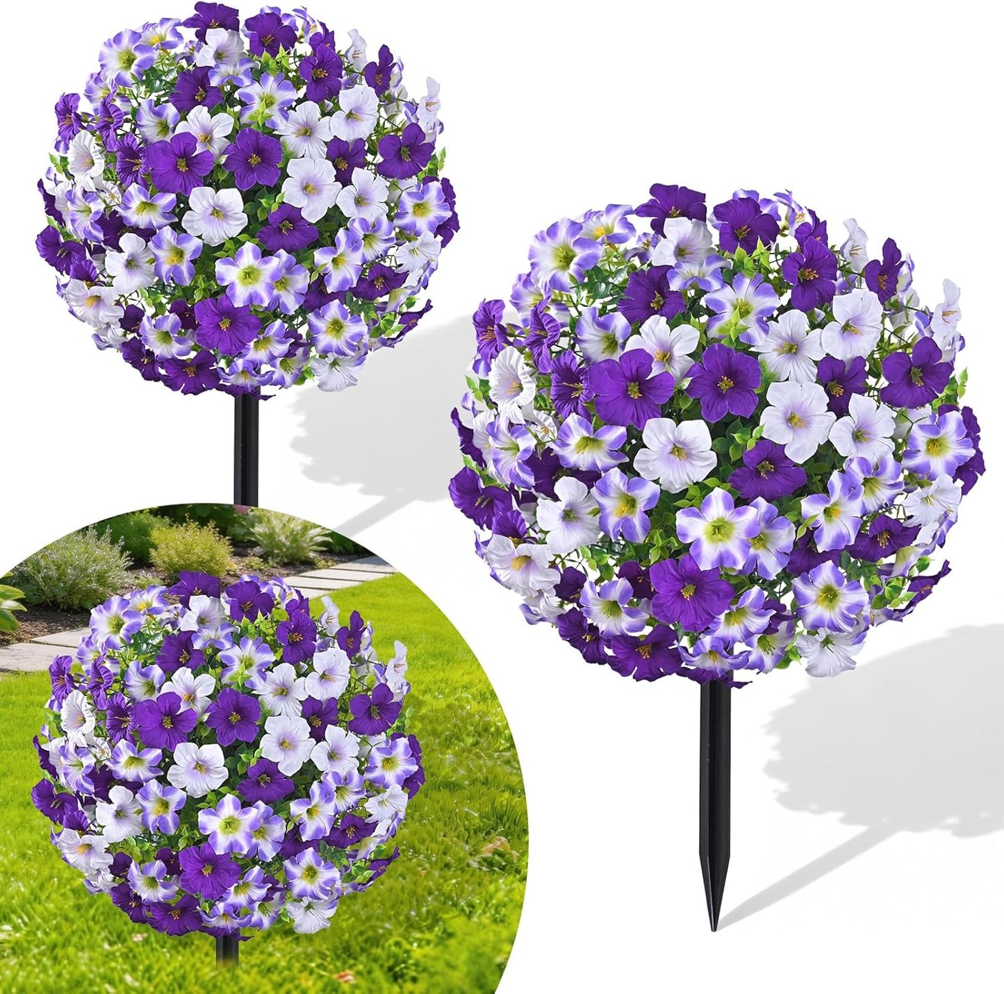 23" Artificial Boxwood Topiary Ball Trees with Petunias Flowers, Set of 2 Faux Outdoor Plants with Ground Spike for Outdoors, UV Resistant Fake Flowers for Outdoor Garden Yard Front Porch Patio Decor