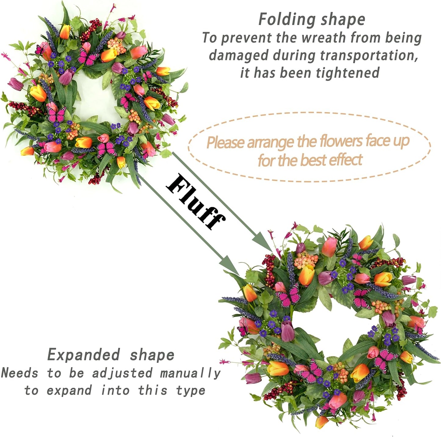 22 inch Spring Summer Wreath Tulip Wreath for Front Door with Purple Tassels, Eucalyptus Leaves, Ferns, Butterflies for Indoor Outdoor wall Festival Home Farmhouse Wedding Decor