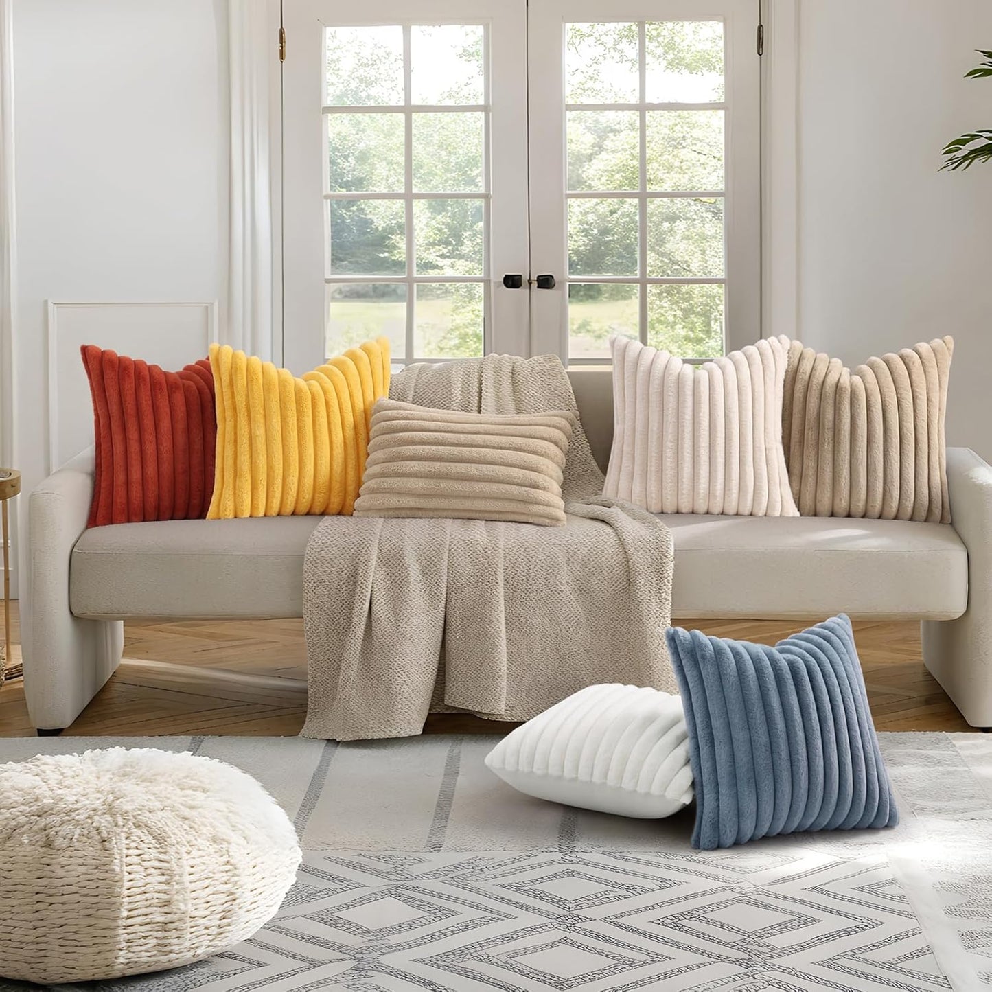 decorUhome Cozy Faux Fur Spring Throw Pillow Covers 18x18 Set of 2 Decorative Soft Plush Striped Modern Farmhouse Boho Couch Pillow Cases with Velvet Back for Sofa Bed Living Room, Cream White