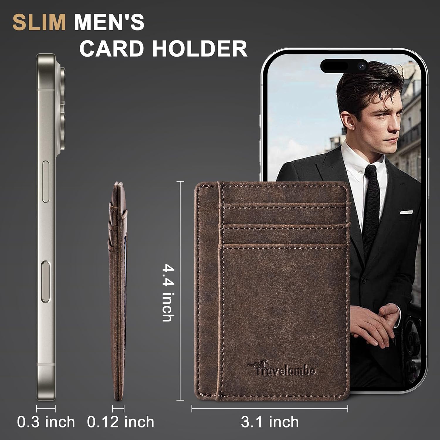 Travelambo Slim Wallet Front Pocket Minimalist Leather RFID Blocking M
