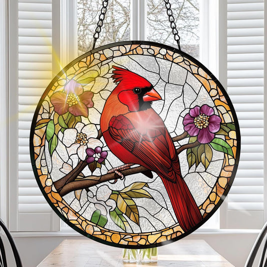VAIIEYO Cardinal Bird Sun Catcher Stained Glass Window Hanging Ornament, Handmade Sun Catcher Animal Bird Decoration with Hooks for Window Garden Home,Christmas & Birthday Housewarming Gift (7.8 inch)