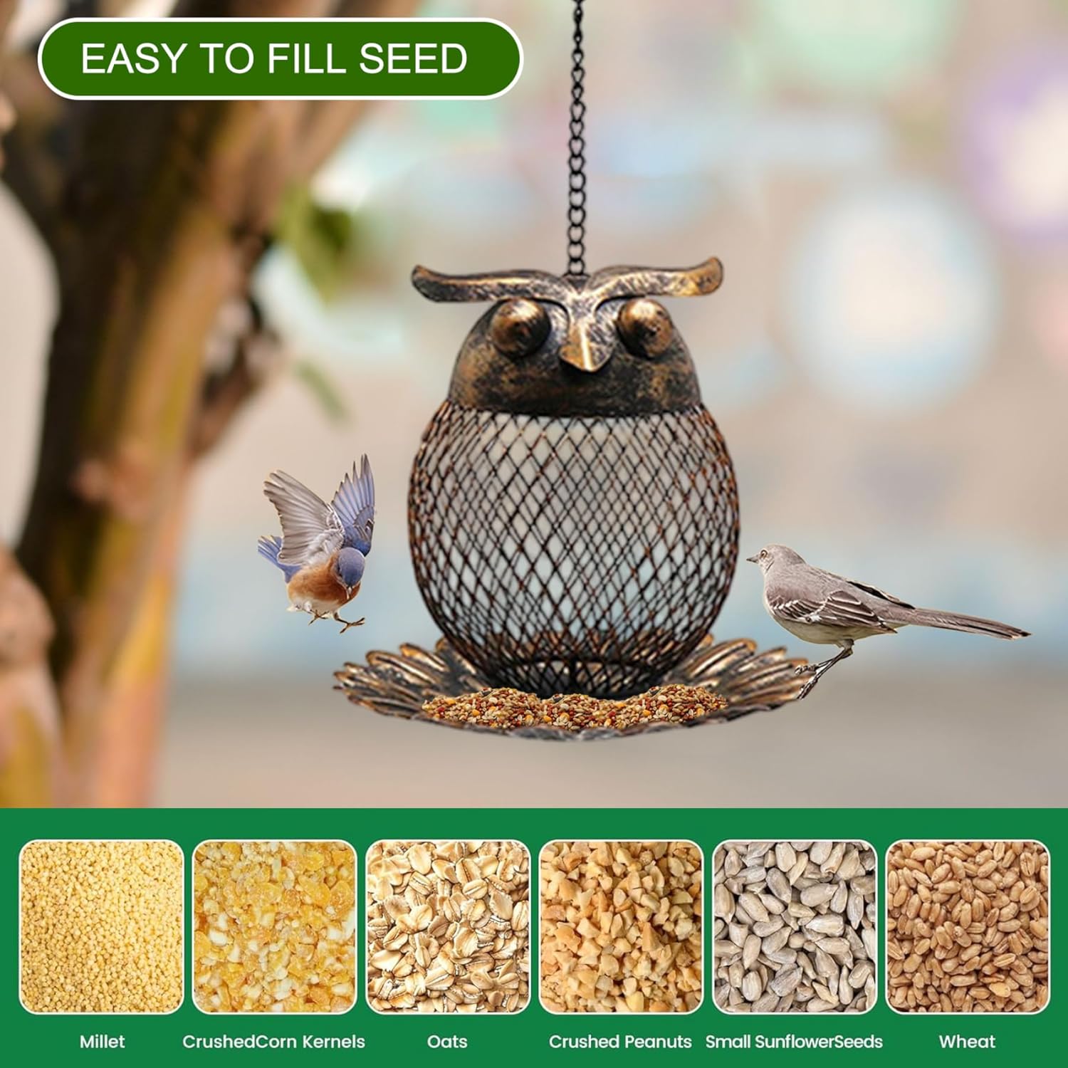 Metal Bird Feeder 6 Inch Owl-Shaped Hanging Bird Feeder with Hollow Ou