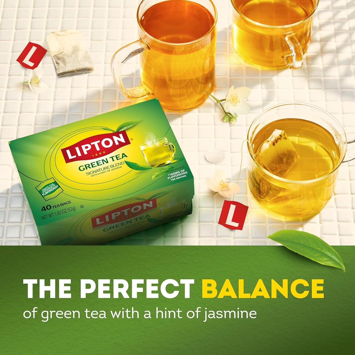 Lipton Signature Blend Green Tea Bags, Unsweetened Teabags for Hot Tea or Iced Tea with Caffeine and Flavonoids, 40 Total Tea Bags