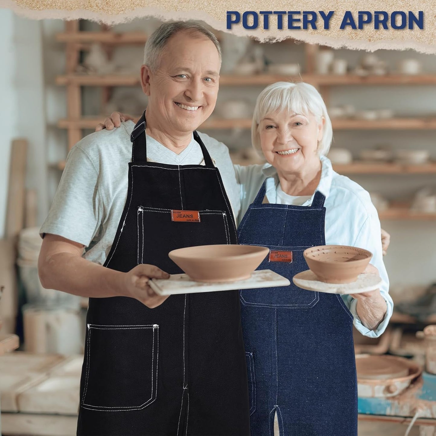 Cuffbow 2 Pcs Pottery Apron 35.4 x 27.6'' Denim Split Leg Apron with Tool Pockets Adjustable Strap Artist Potters for Ceramics Clay Tattoo Painting DIY, Blue, Black