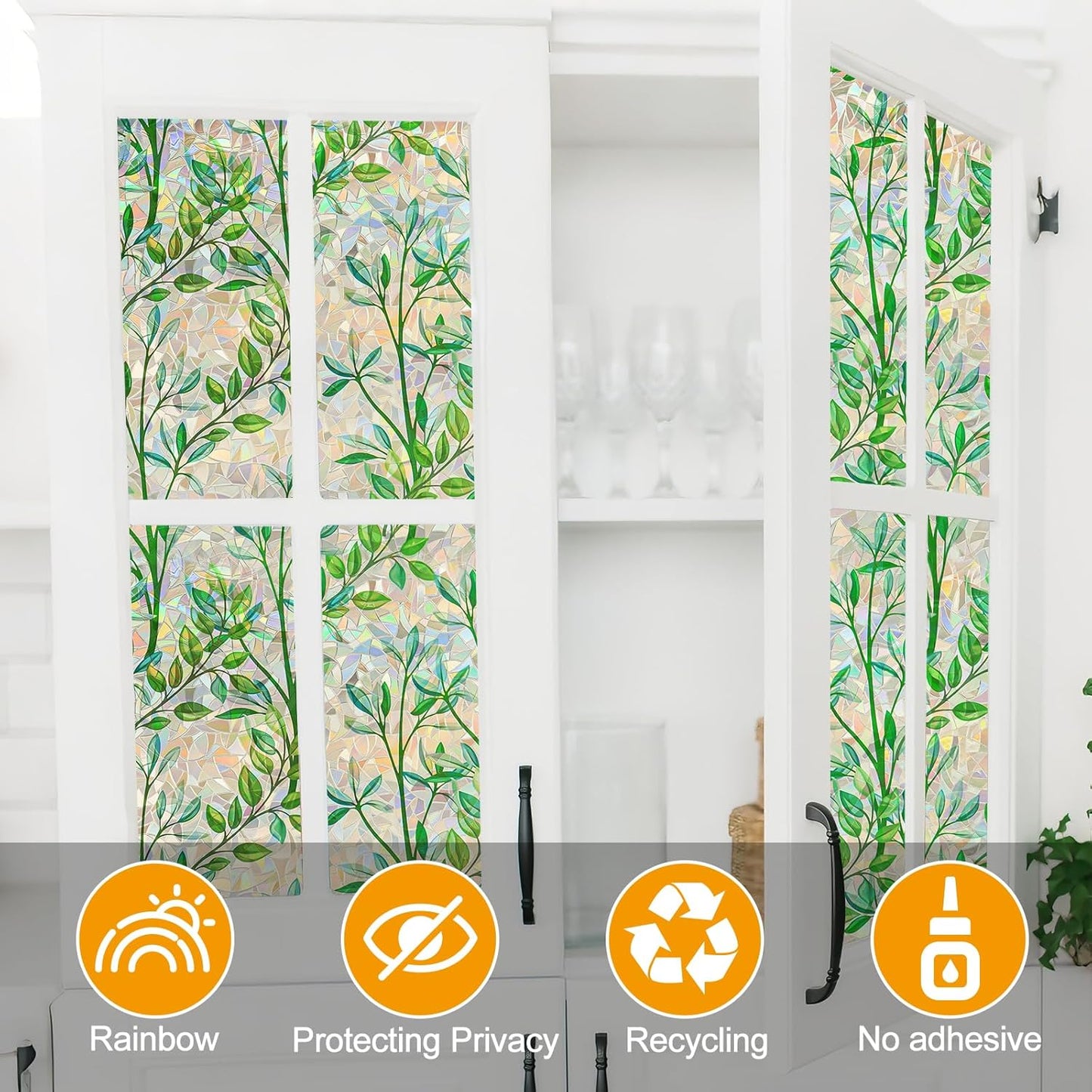 Window Privacy Film Stain Glass Window Film Rainbow Window Film Window clings Non-Adhesive Reusable Decorative for Room (Leaf Rainbow, 17.5 x 78.7 in)