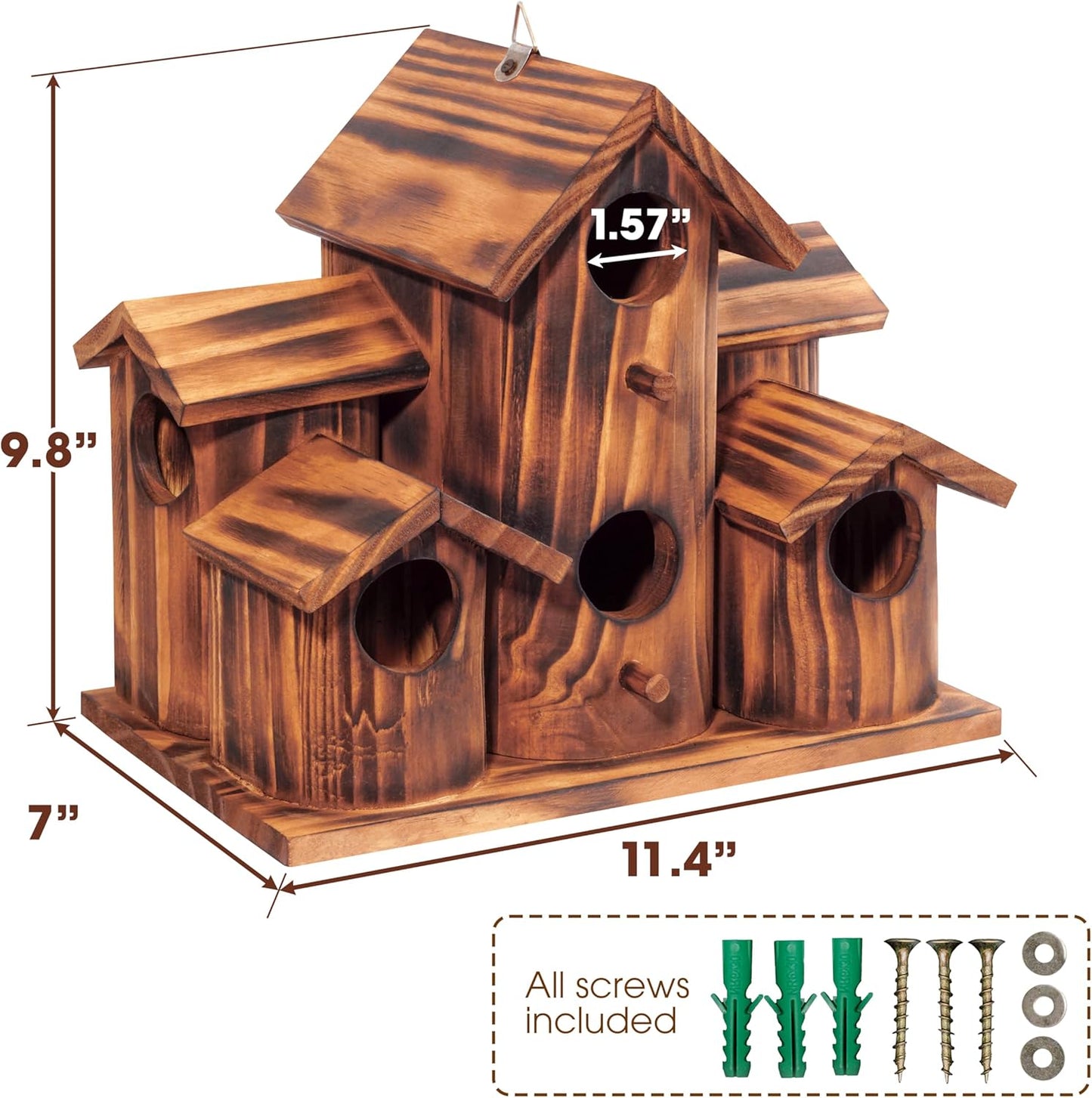 MIXUMON Wooden Bird Houses for Outside – 6 Rooms Multi-Chamber Bird House, Carbonized Pine Rustic Finish, 1.57" Entrance Holes, Cleaning Doors for Each Room, Decorative Outdoor Bird Nesting Box