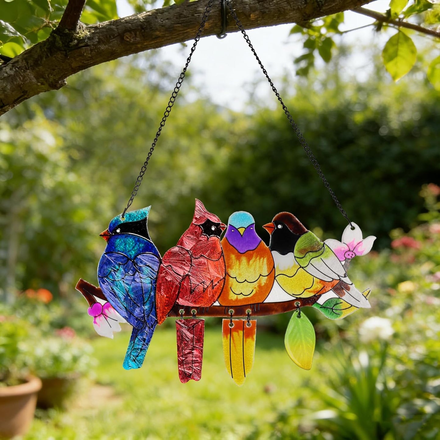 Stained Glass Window Hanging, Birds on A Branch Stain Glass Suncatcher, Hand-Painted Sun Catchers Indoor Window Decoration Bird Lover Gift for Mom, Grandma, Stocking Stuffers for Women