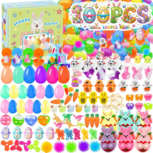 BicMan Prefilled Easter Eggs with Toys, 100 Pcs Plastic Easter Eggs Set, Easter Basket Stuffers for Egg Hunt and Party Activities