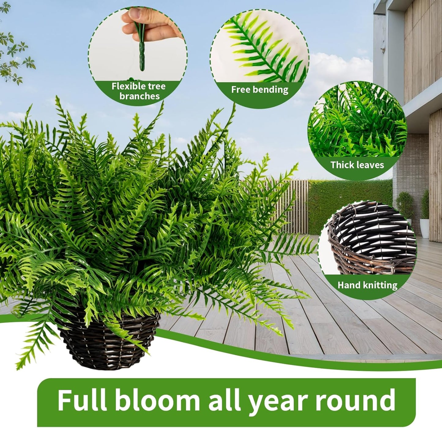 2PCS Fake Hanging Plant- Boston Ferns UV Resistant Plastic Plants - Perfect for Outdoor Décor with Lifelike Beauty (Persian-Green)