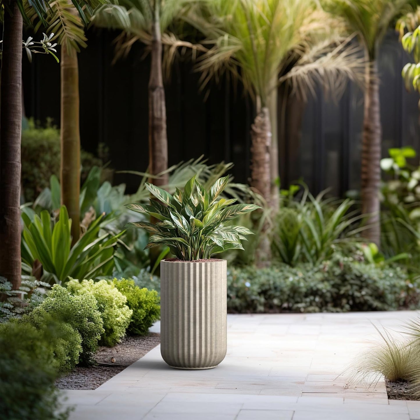 Kante Tall Fulted Planter, 17.7 Inch Tall Round Concrete Plant Pots wi