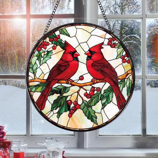 Cardinal Stained Glass Window Hanging, Cardinal Sun Catchers Indoor Window Gifts for Women Mother's Day, Wall Art SunCatchers Decor Gift for Home Garden Doors Christmas