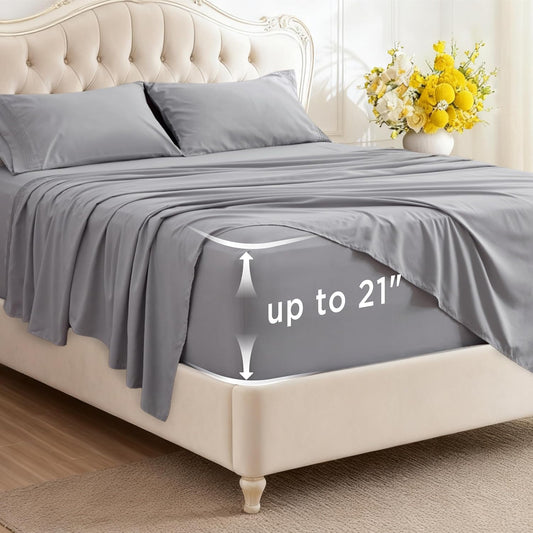 Bedsure Deep Pocket Queen Sheets Set - Fits Mattresses Up to 21 Inches Thick - 4 Piece GentleSoft Bed Sheets, Moisture Wicking, Soft & Cooling Bedsheet & Pillowcases, Easy & Secure Fit, Light Grey