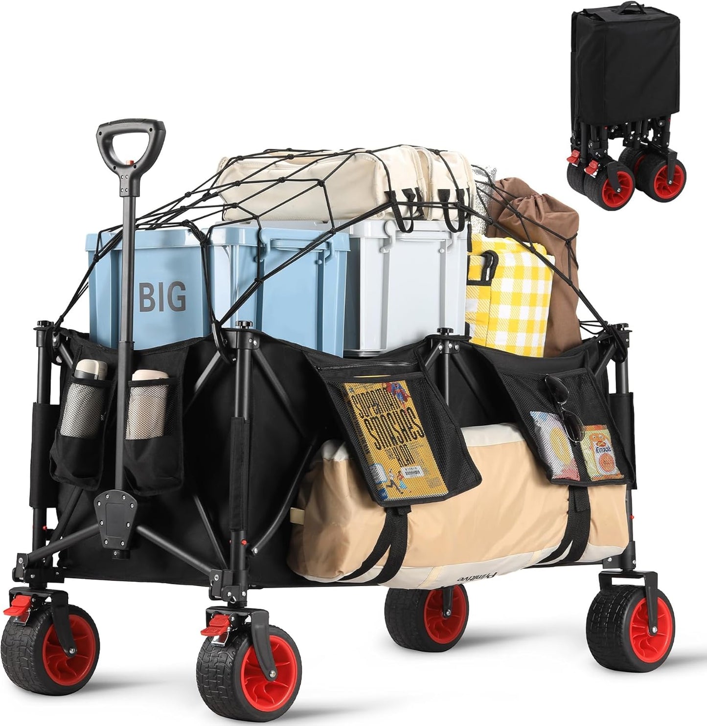 GAOMON 260L Large Collapsible Folding Wagon, Heavy Duty Beach Wagon Cart with Wheels, 400 Lbs Capacity Folding Shopping Cart with Side Bag and Cup Holders for Sports, Camping, Garden