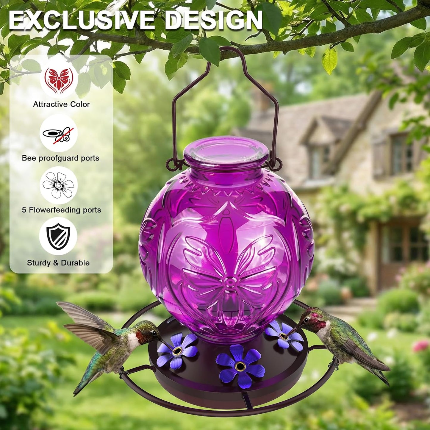 Glass Hummingbird Feeder for Outdoors Hanging, 25Oz Humming Bird Necta