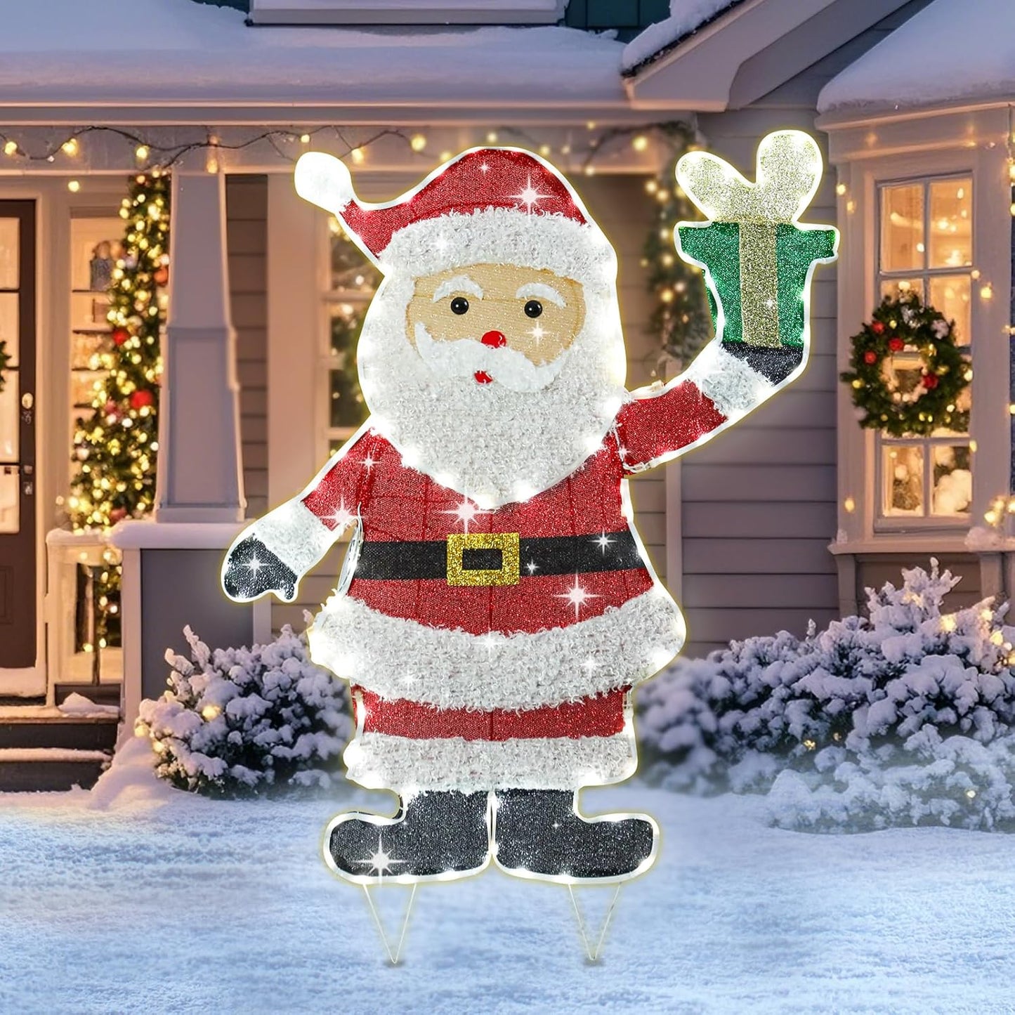 Lighted Santa Claus Christmas Decorations, Pre Lit White Neon Light Sa