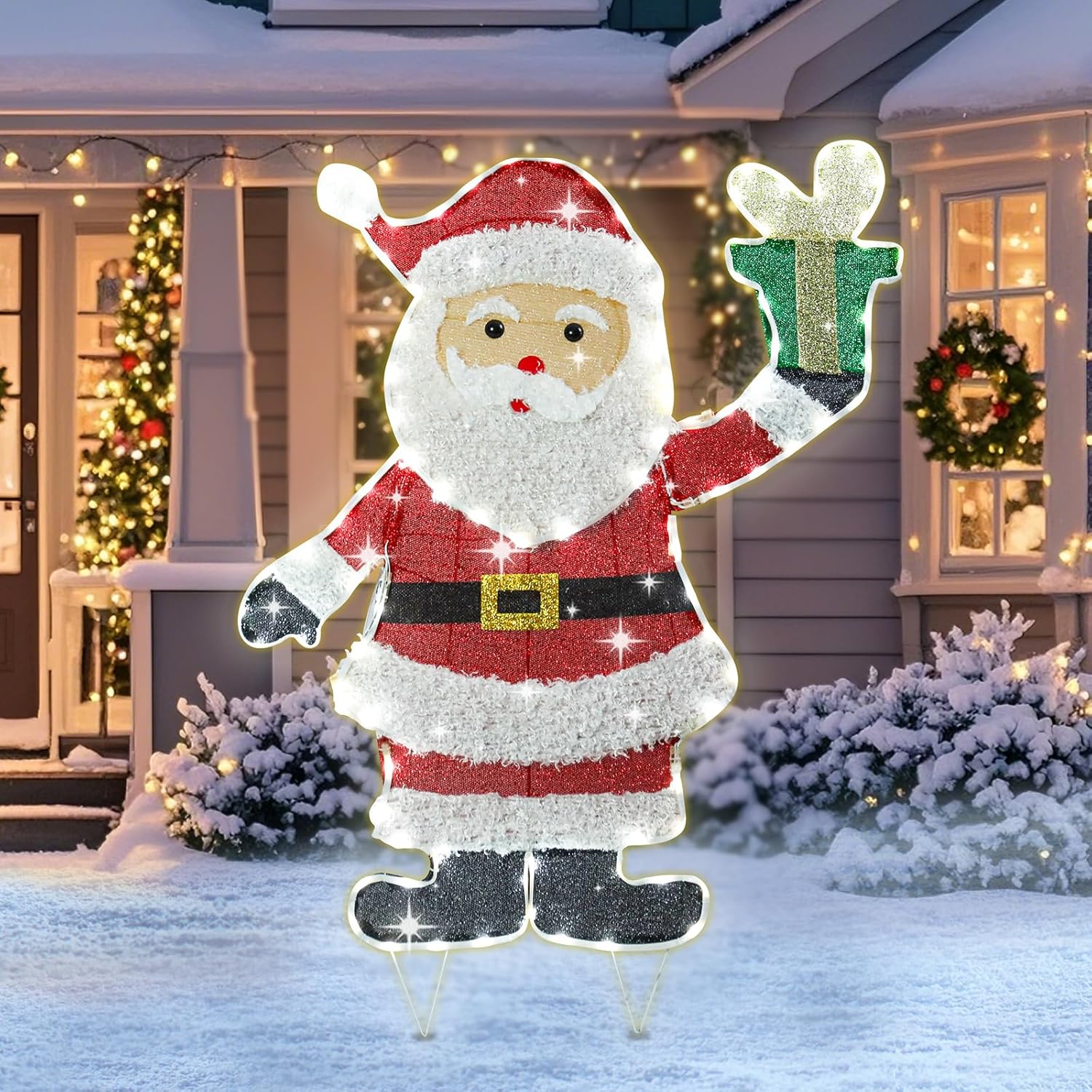 Lighted Santa Claus Christmas Decorations, Pre Lit White Neon Light Sa