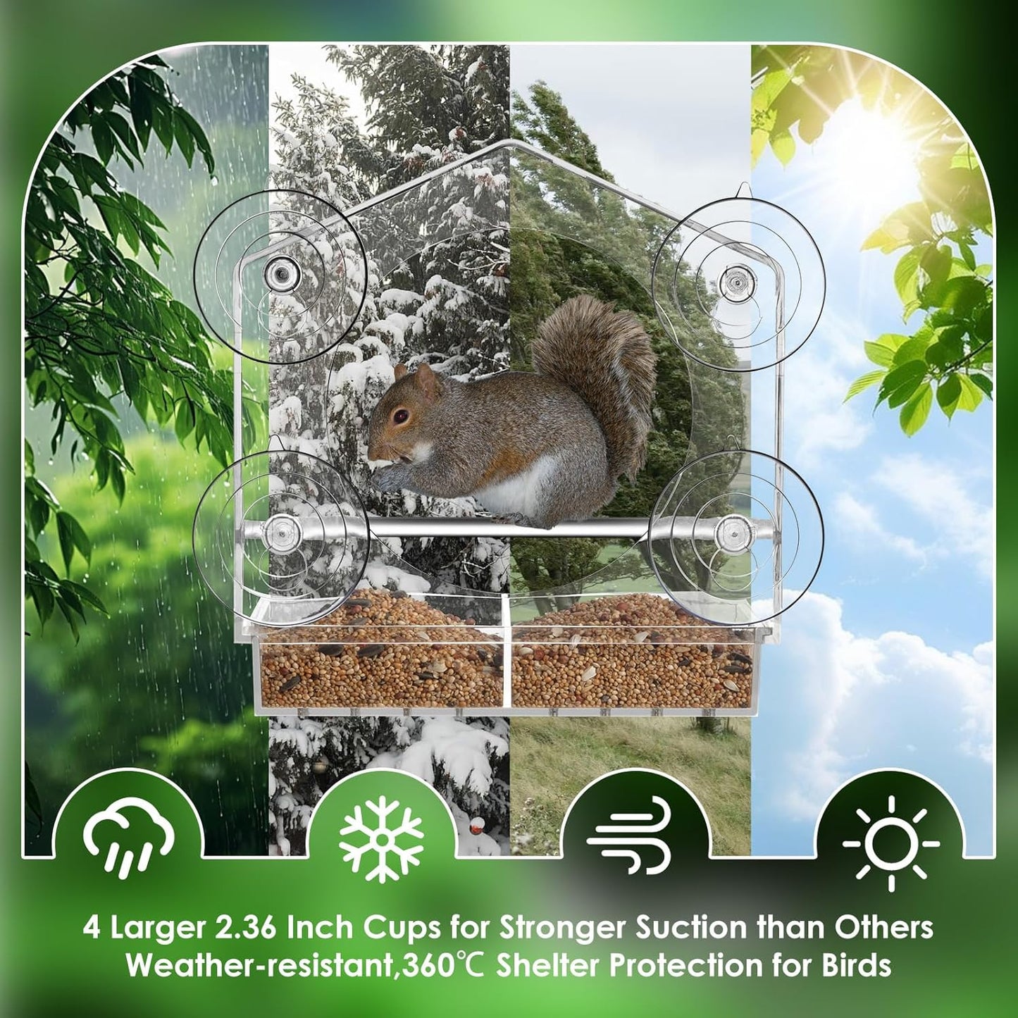 Clear Window Bird Feeder with Slide-Out Removable Tray - 4 Strong 2.36 Inch Suction Cups Acrylic House - See-Through Window Feeders for Outside - Bird Watching for Mom, Cats & Elders