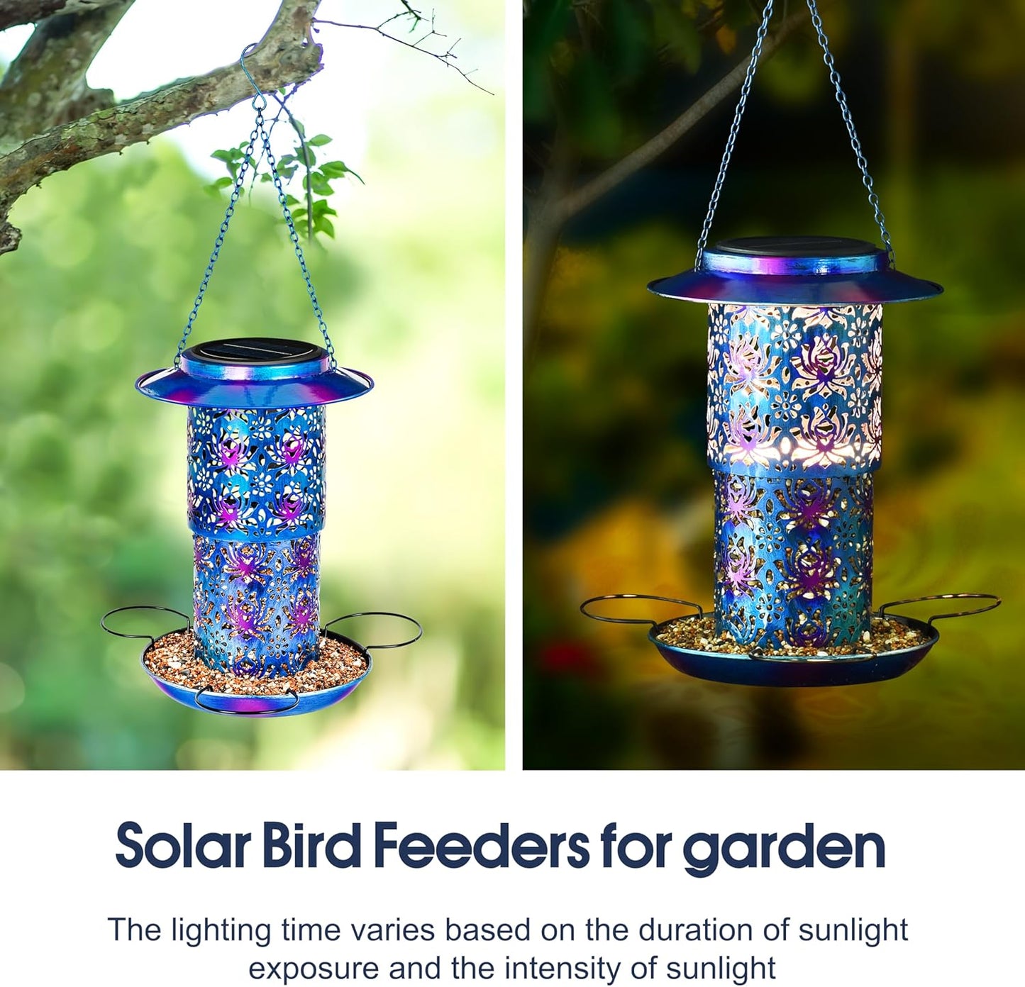 Ottsuls Solar Bird Feeder for Outdoors Hanging, Metal Wild Cardinals Garden Lantern Weatherproof, Decro Solar Birdfeeders as Gift Idea for Women Mom Grandma Bird Lovers (Update Version Blue)