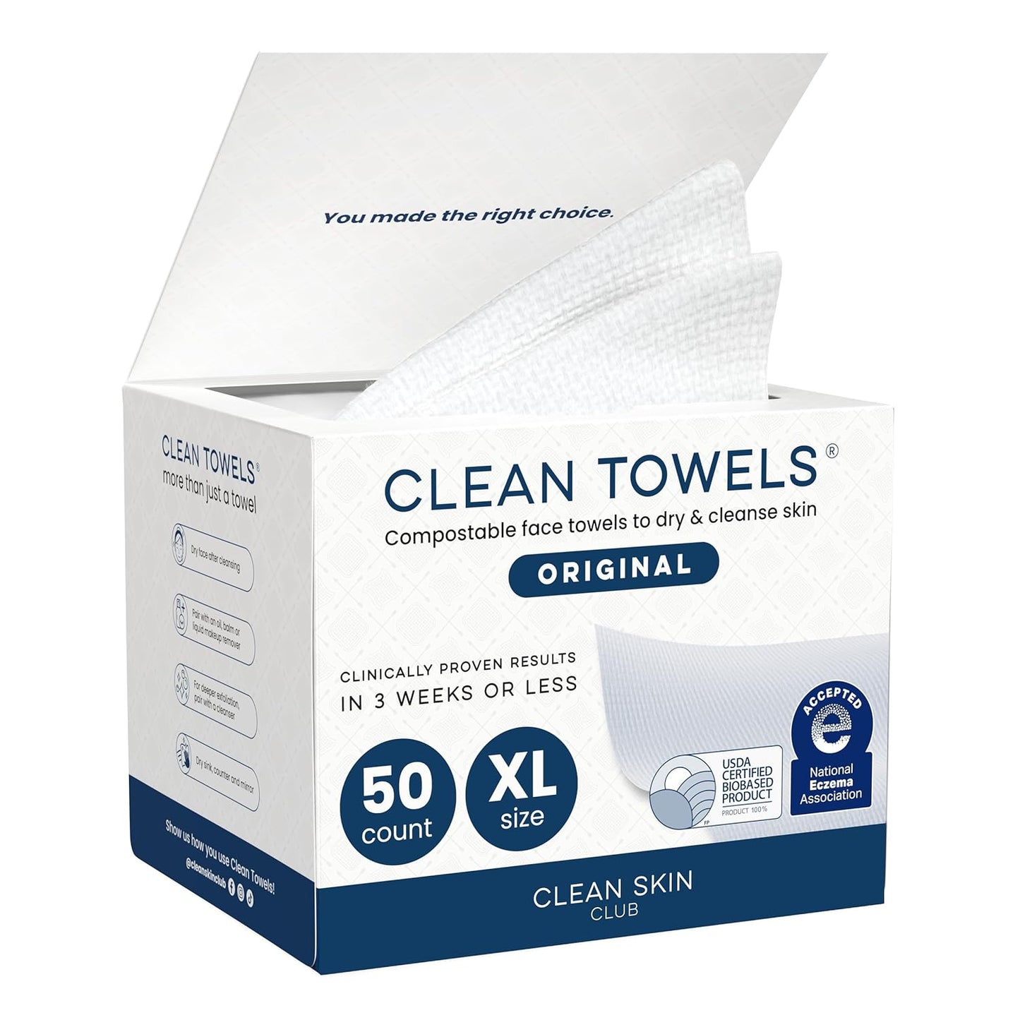 Clean Skin Club Clean Towels XL®, 100% USDA Biobased Face Towel, Dispo