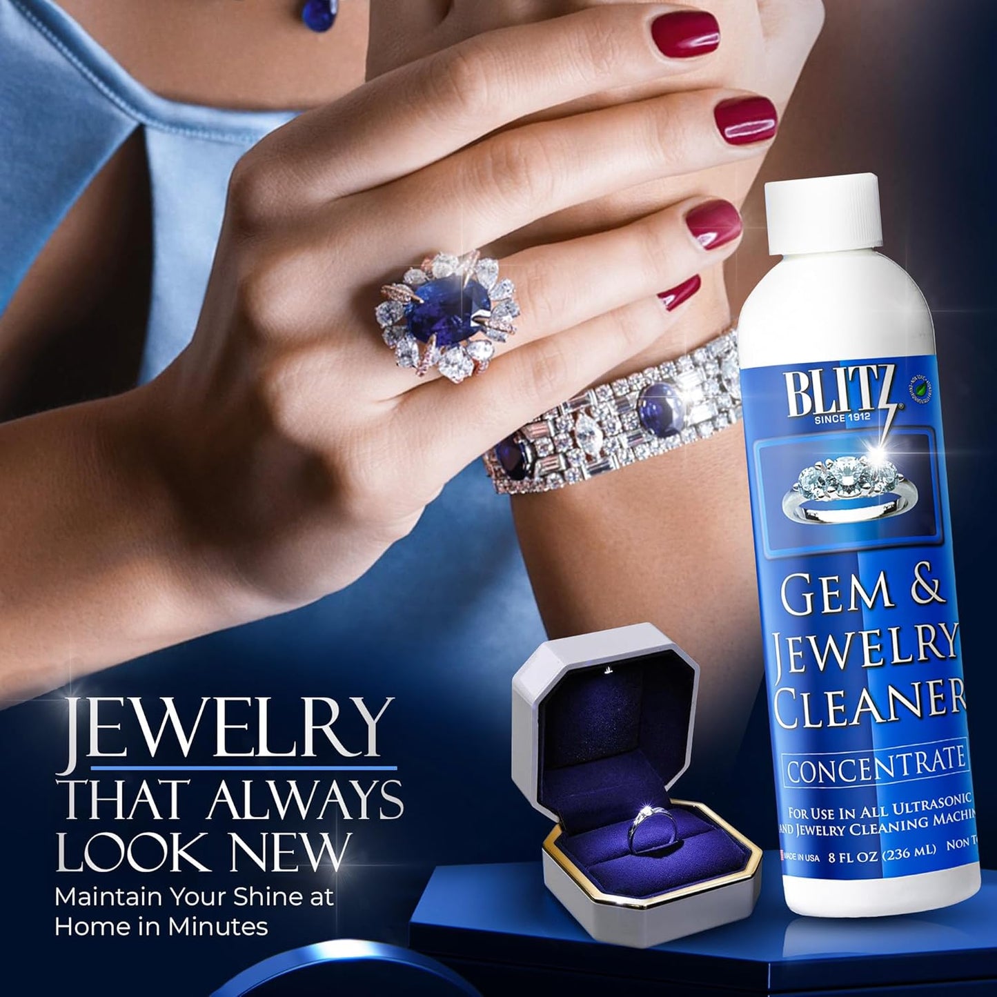 Blitz Gem & Jewelry Cleaner Liquid Concentrate for Gold, Silver, Platinum Jewelry Cleans Non-Porous, Precious & Semi-Precious Stones Non-Toxic, Non-Abrasive, Planet Friendly Made in USA 8oz (2 Pack)