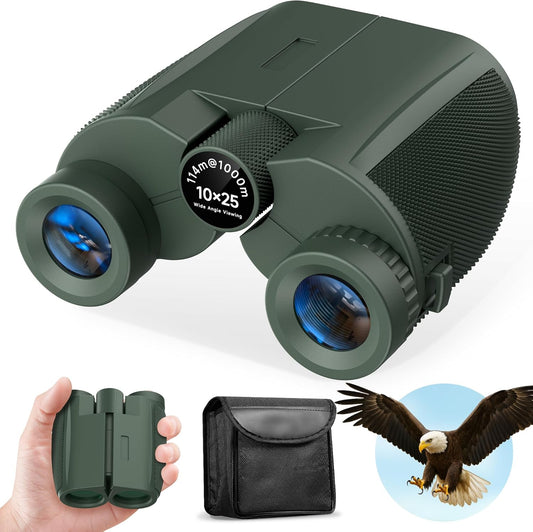 Leacco 10x25 Compact Binoculars for Adults and Kids, Large View Waterproof Small Binoculars with Low Light Vision BAK4 Prism FMC Lens for Cruise Ship Bird Watching Travel Hunting, Military Green