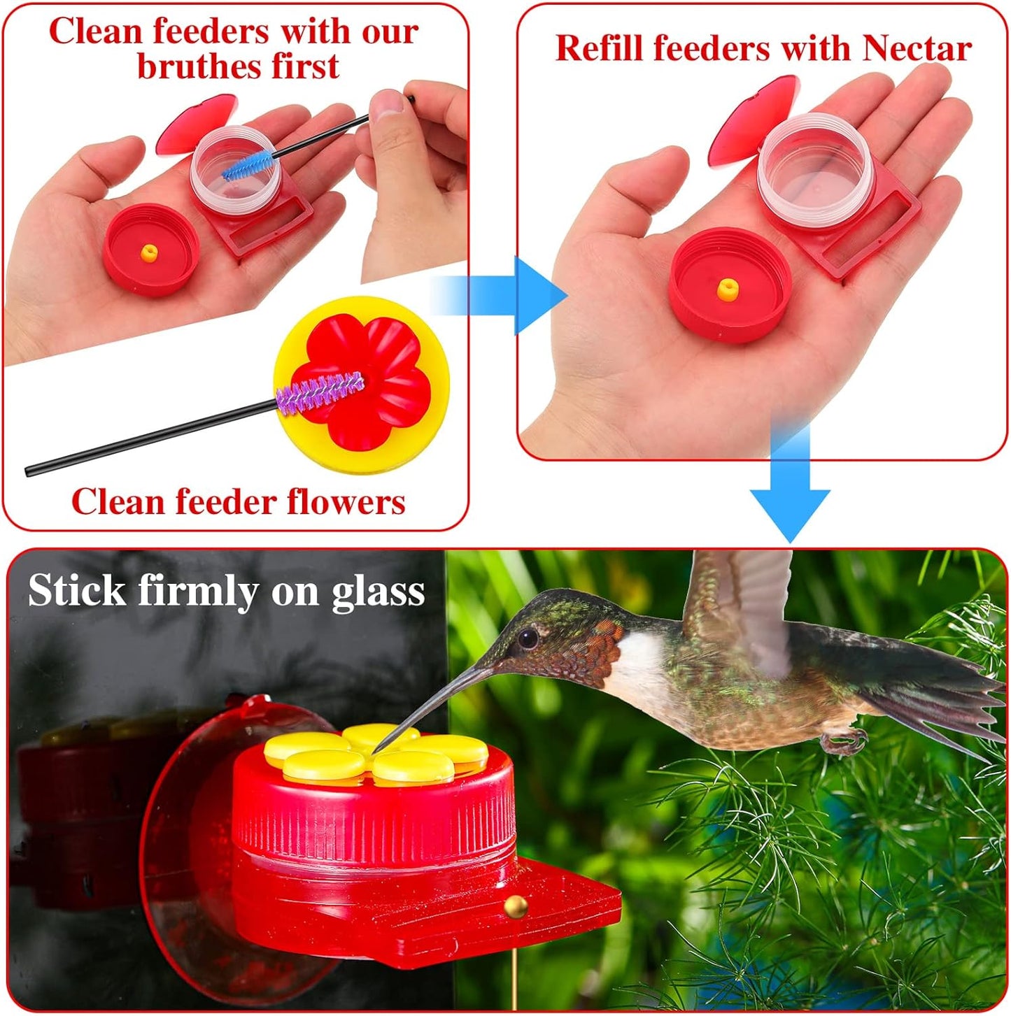 Skyley Hummingbird Hand Feeder Set 3 Packs Handheld Feeders Adjustable Wrist Hand Feeders Suction Cup with Perches Hummingbird Ring Feeder with 12 Cleaning Brush for Outdoors
