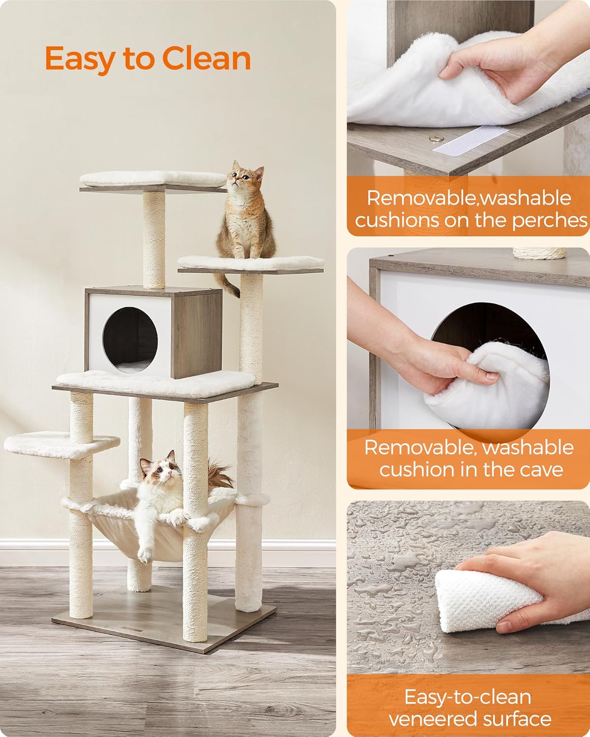 Feandrea Cat Tree, 56.3-Inch Modern Cat Tower, Multi-Level Plush Condo