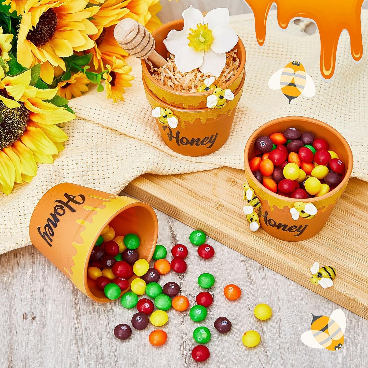 meekoo 16 Sets 16 Sets Mini Honey Bee Pots with Wooden Dippers Charms Honey Jars for Cupcake Planter Chocolate Chips bee Themed Baby Shower Favors Wedding Gifts for Guests
