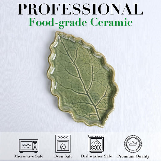 Ceramic Spoon Rest for Stove Top - Cute Green Leaf Shaped Spoon Rest/S