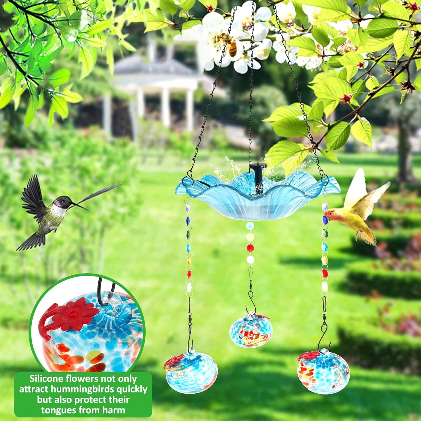 Hummingbird Feeder Bird Bath for Outdoors Hanging Hummingbird Bath Fountain Feeder Decorative Hummingbird Bath Feeder with 3 Feeder Balls Detachable Easy to Install for Birds ZHAZHAMO