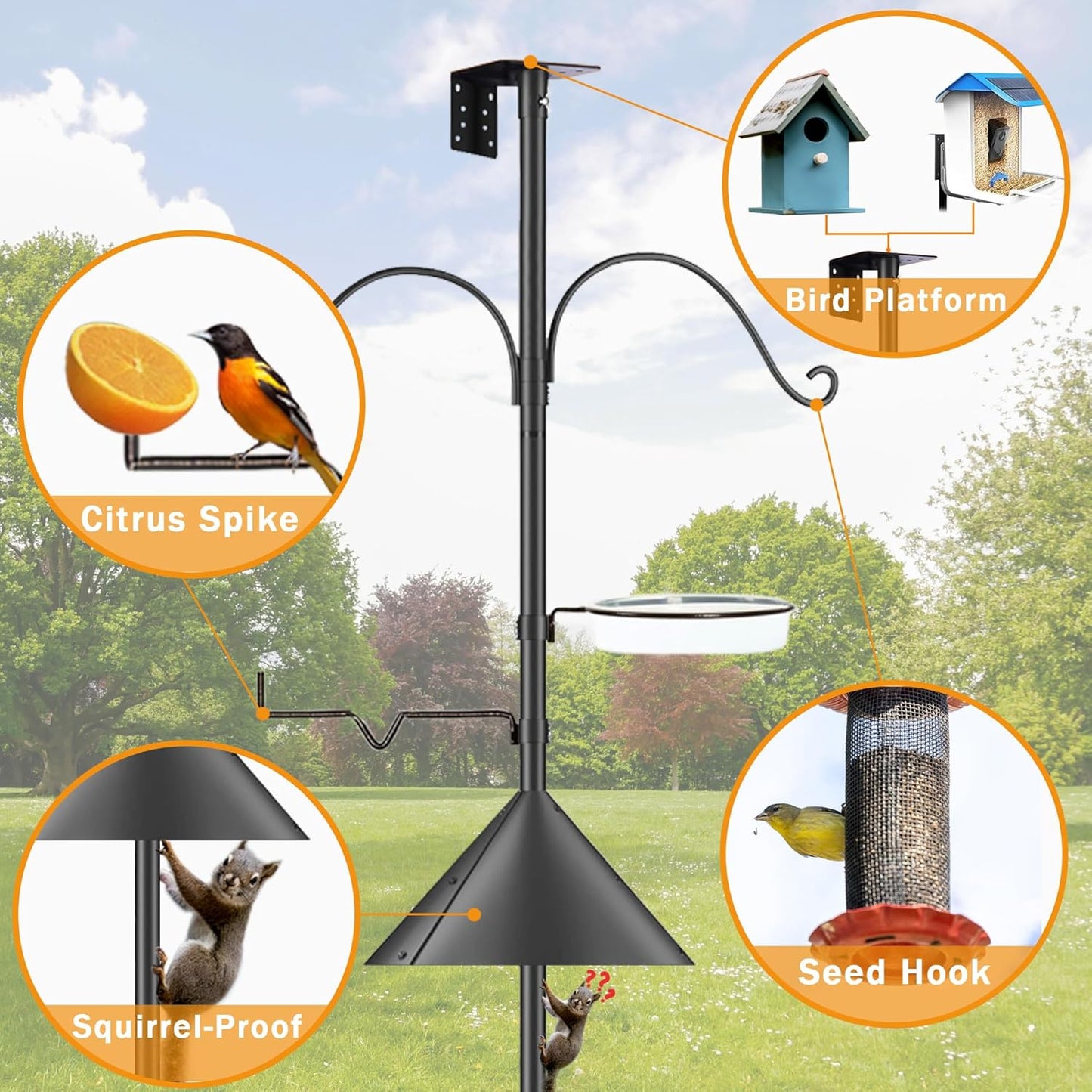 93 Inch Bird Feeder Pole, Outdoors Bird House Pole Kit for Smart Birds Feeder, Feeding Station Kits with Squirrel Guard Baffle, Bird Bath, Wild Birds Watching (Shape A)