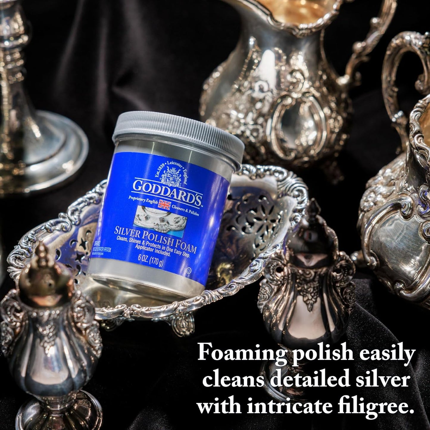 Goddard’s Silver Polish Foam – Silver Jewelry Cleaner for Antiques, Accessories, Ornaments & More – Silver Cleaner for Silverware Protection – Tarnish Remover for Jewelry w/Sponge Applicator (6 oz)