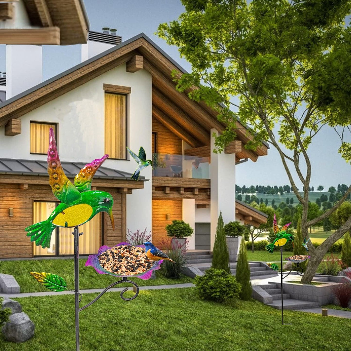 Outdoor Metal Bird Feeding Stake, Hummingbird Bath And Bird Feeding Platform for Garden Yard Backyard Decoration, Featuring a Bright Colorful Tray to Attract Wild Birds (Hummingbird feeder stake)