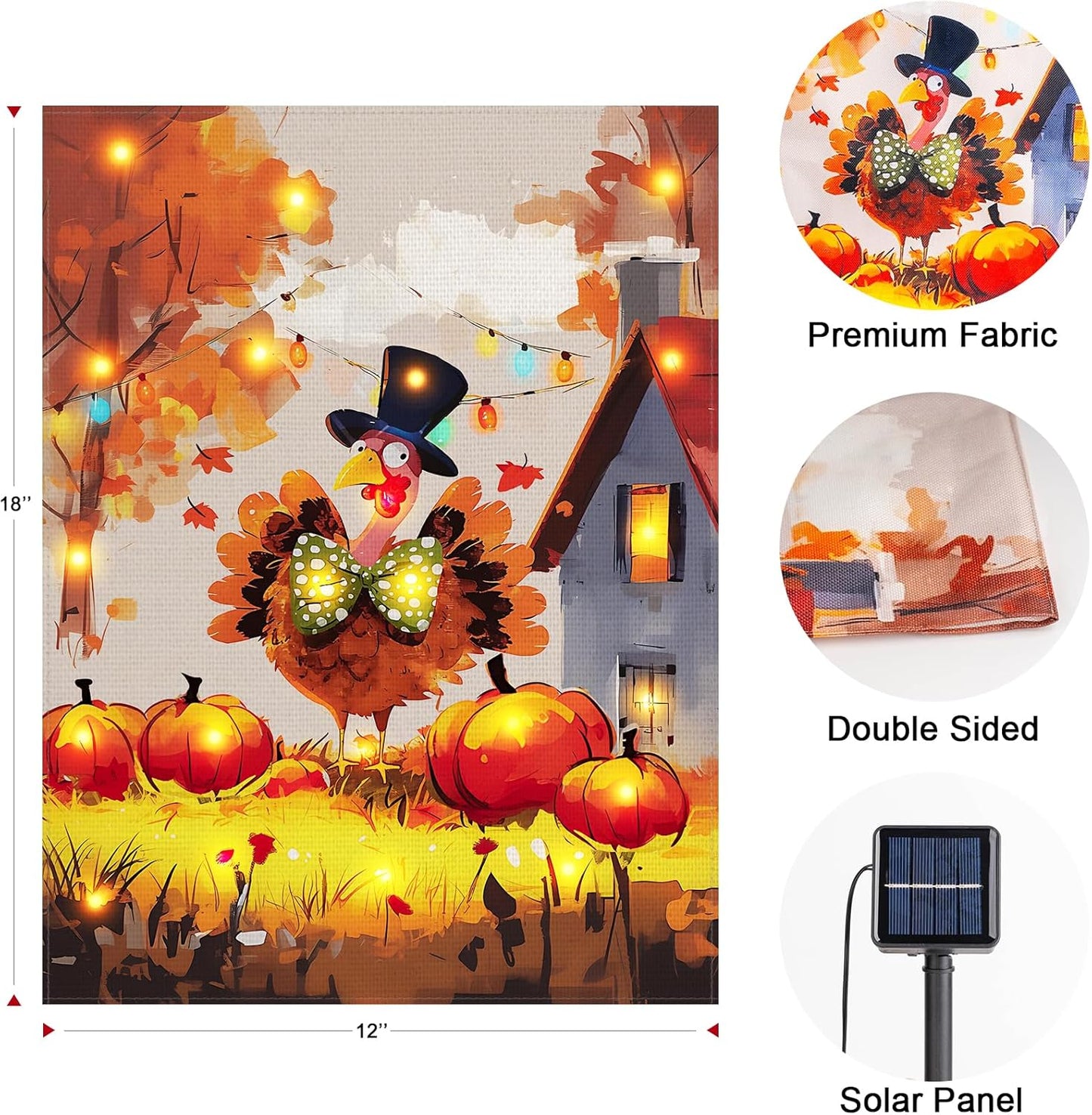 Thanksgiving Lighted Fall Garden Flag, Solar Outdoor Decorative Led Flags Yard Decor, 8 Lighting Modes Led Flag,12x18 Double Sided Turkey Pumpkin Halloween Decorations for Home Porch Outside