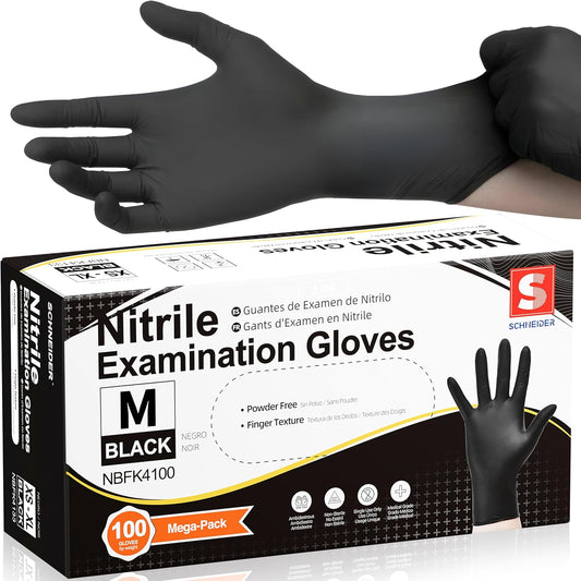 Schneider Black Nitrile Gloves, Powder Free, Disposable Gloves Latex Free for Medical Exam, Food Prep & Cleaning